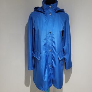 London Fog Women's Removable Hood Lined Raincoat Size Small Blue Vibrant Pockets